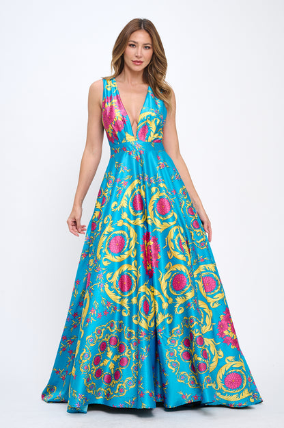 Satin print plunging neckline maxi gown
