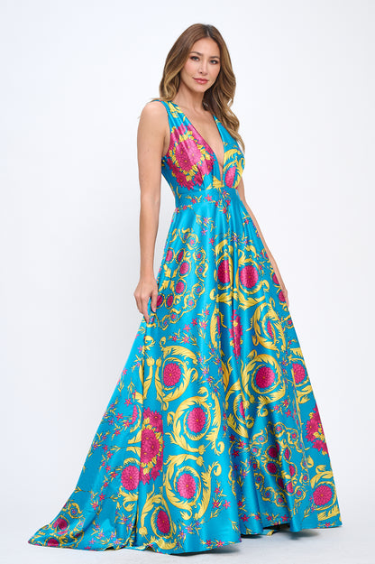 Satin print plunging neckline maxi gown