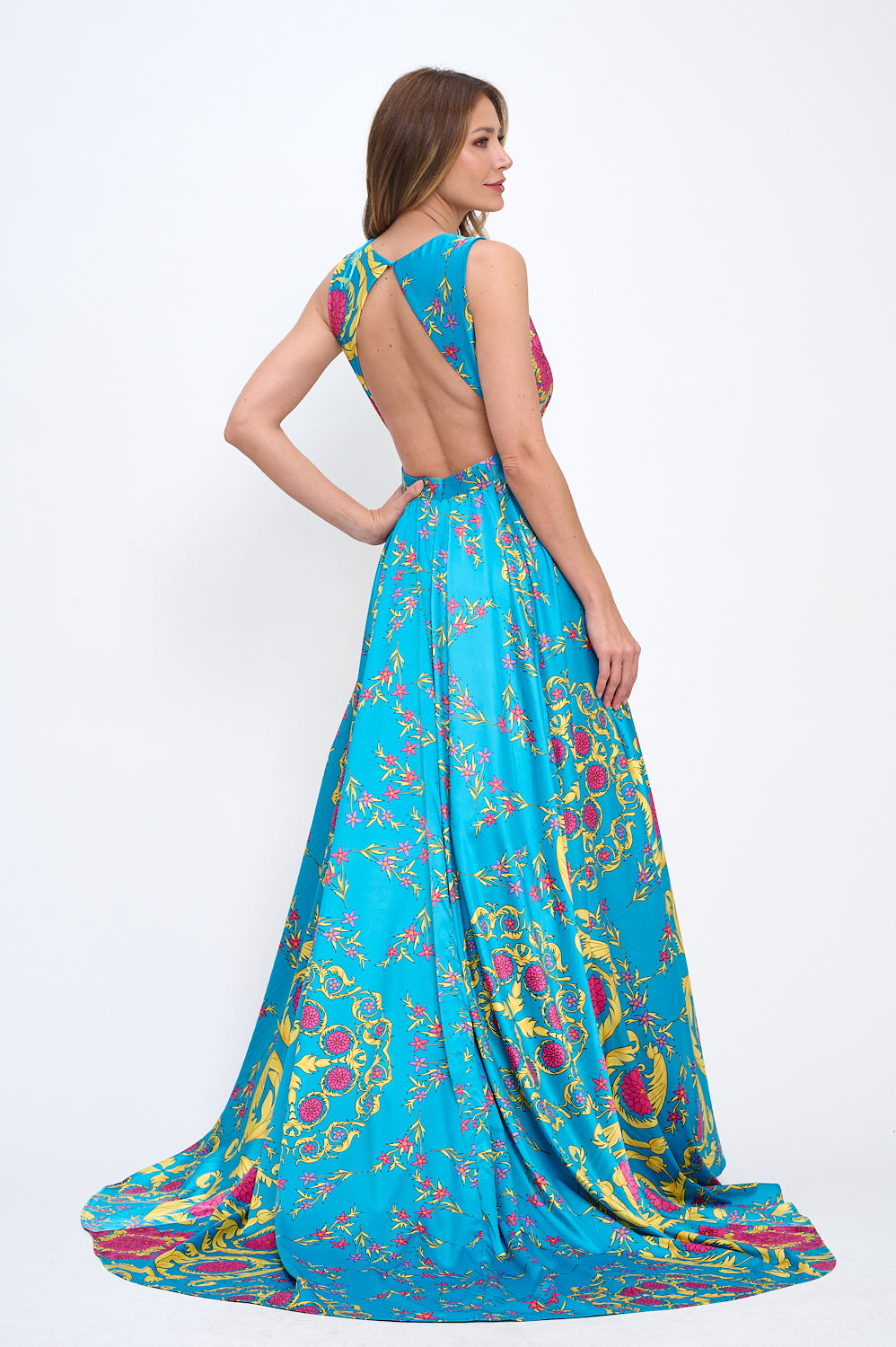 Satin print plunging neckline maxi gown