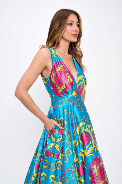Satin print plunging neckline maxi gown