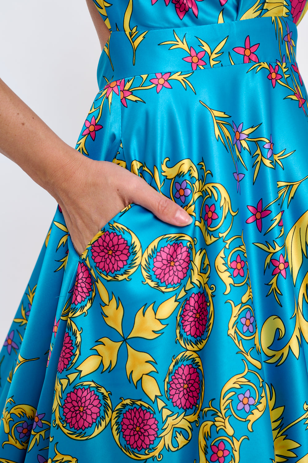 Satin print plunging neckline maxi gown