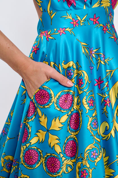 Satin print plunging neckline maxi gown