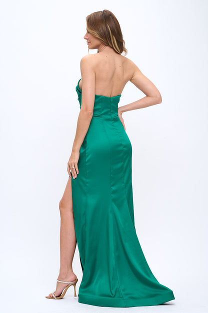 Classy chic asymmetrical bodice gathered hourglass side slit gown
