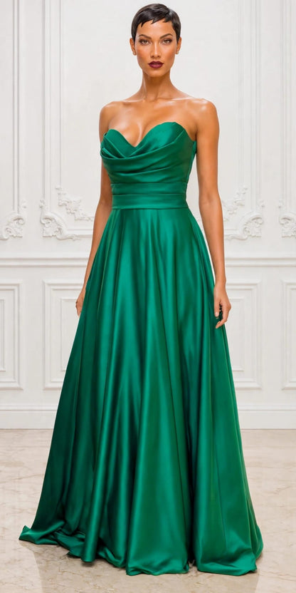 Stunning strapless satin cowl neckline ball gown