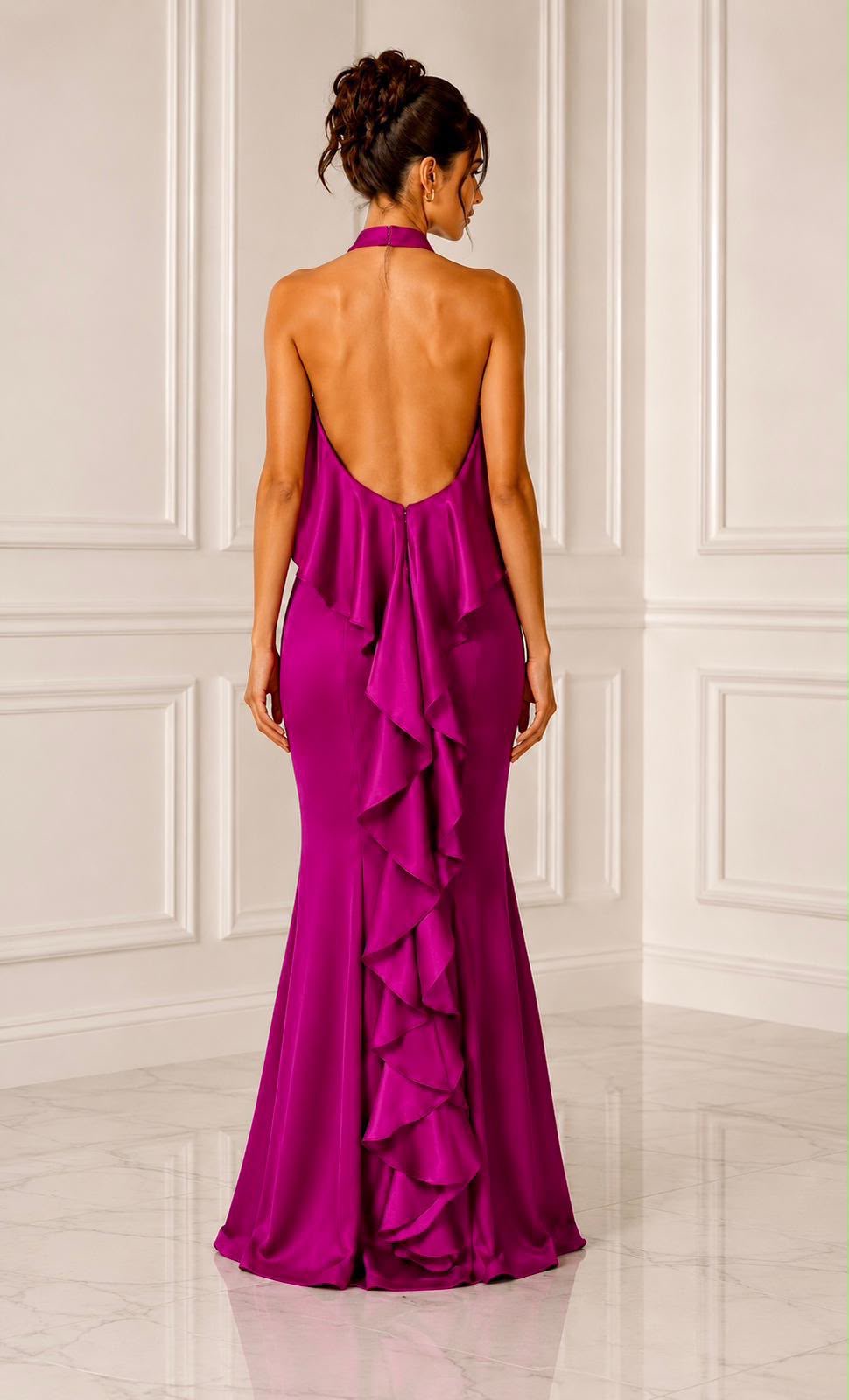 Halter neck open back ruffle detail satin maxi dress