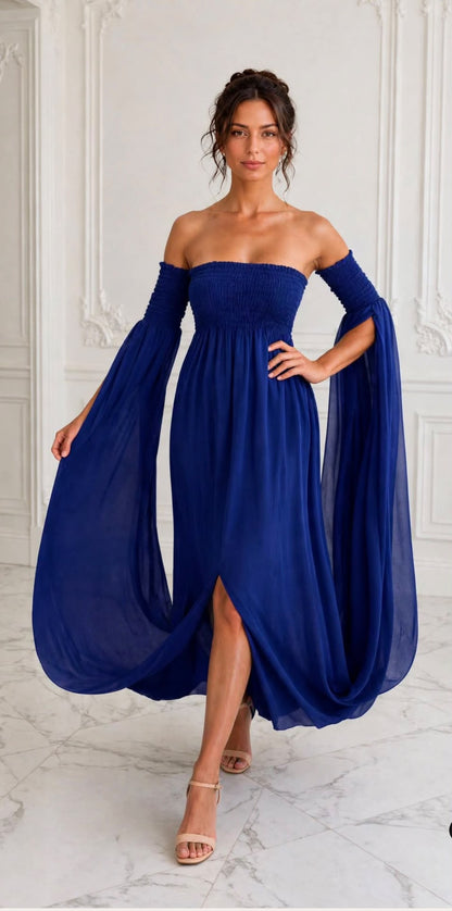 Dramatic bell sleeve off shoulder maxi dress