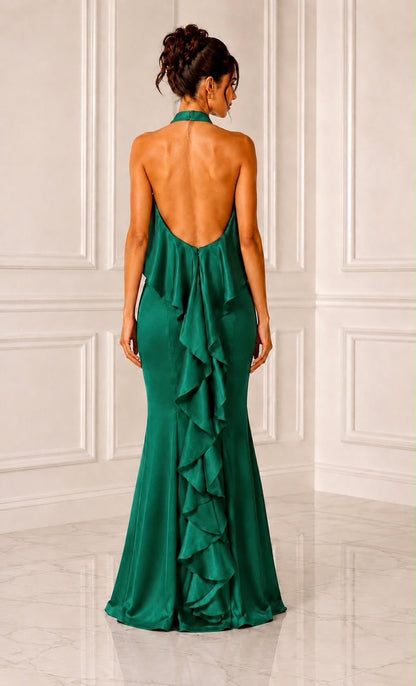 Halter neck open back ruffle detail satin maxi dress