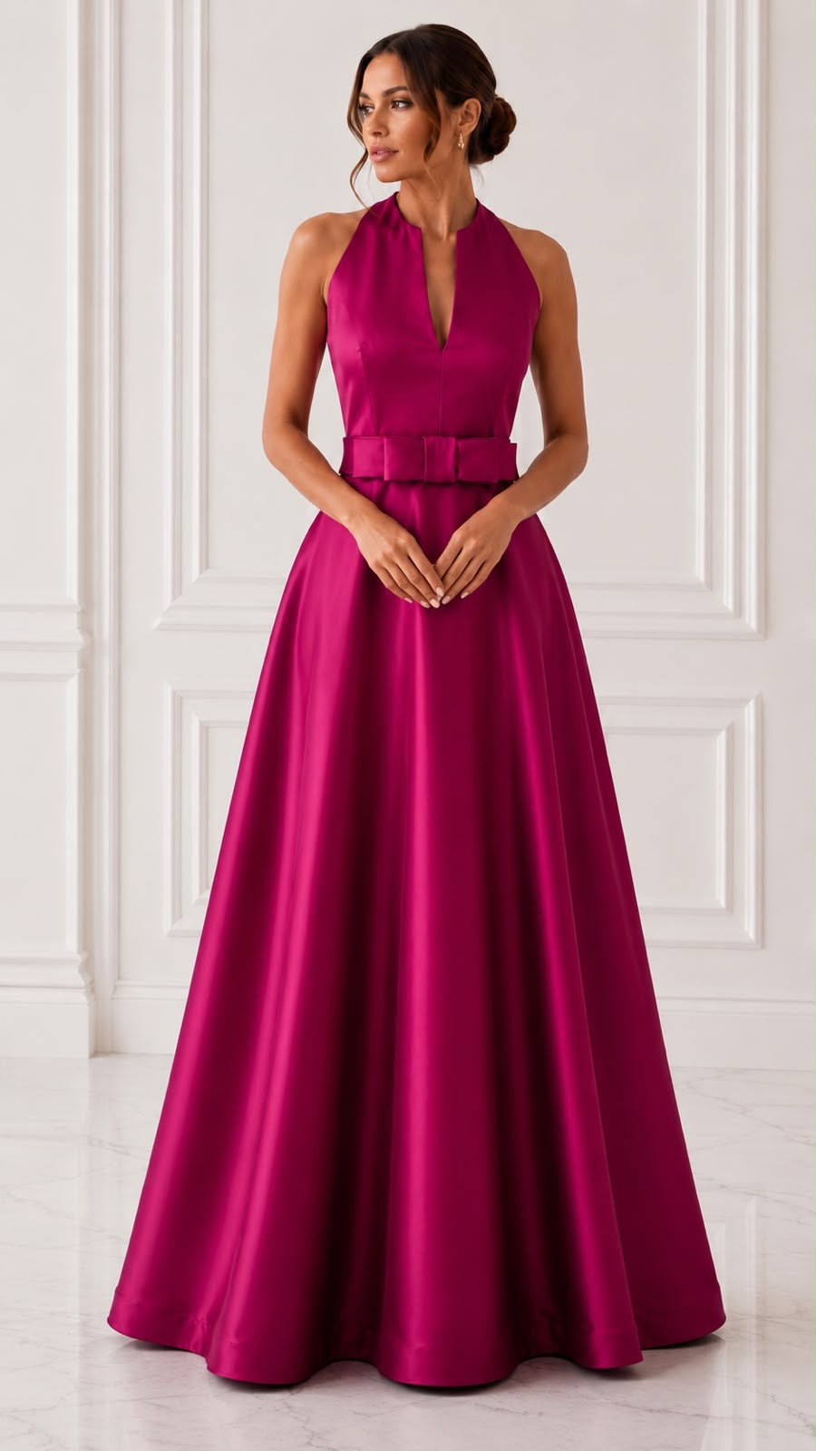 Sleeveless satin ball gown with detachable bow belt