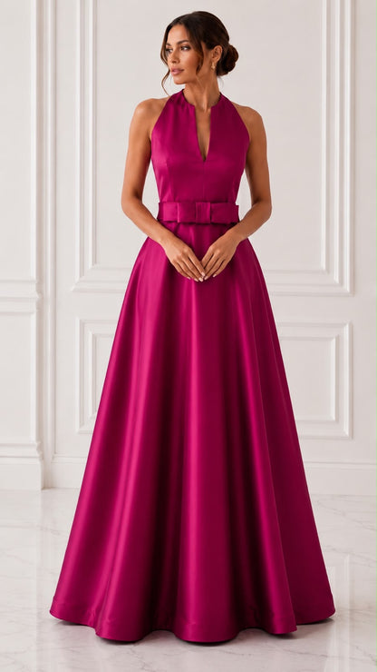 Sleeveless satin ball gown with detachable bow belt