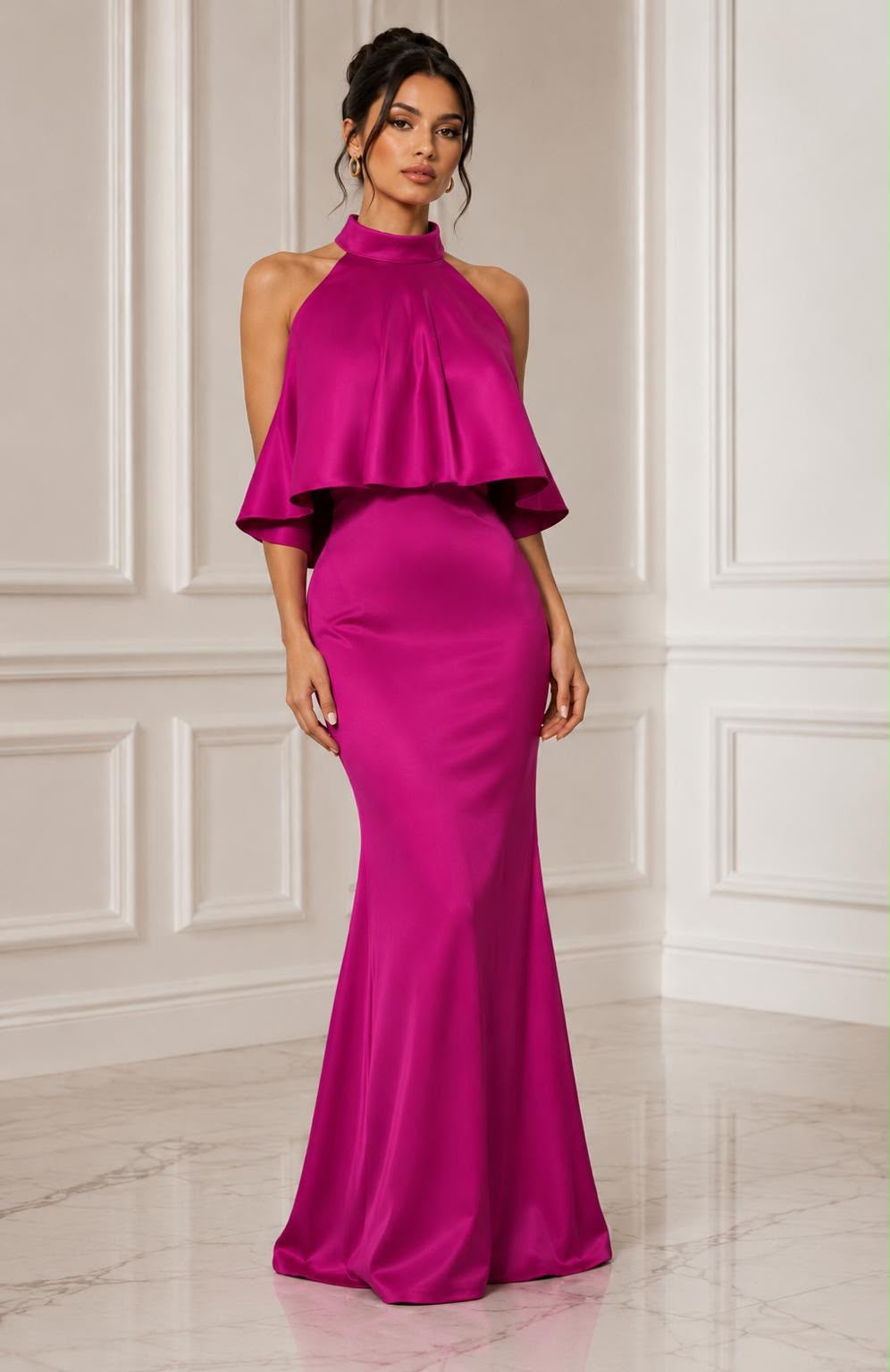 Halter neck open back ruffle detail satin maxi dress