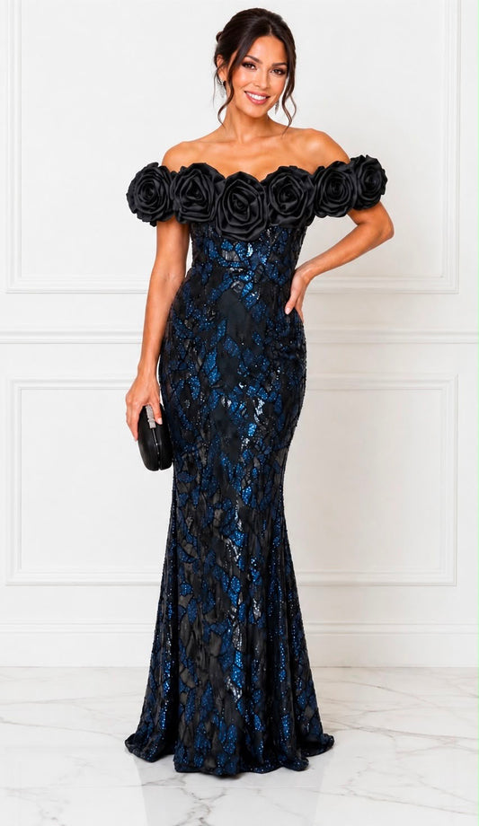 Off shoulder satin roses sequin gown