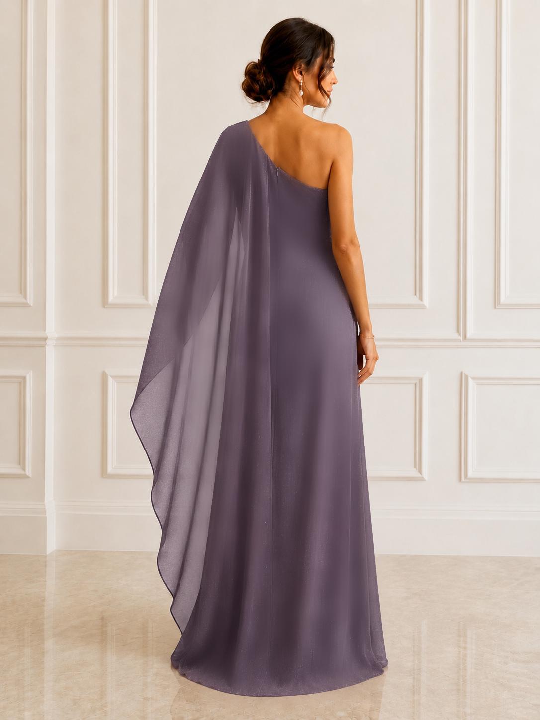 Stunning one-shoulder chiffon fringes evening maxi.