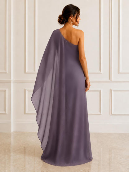 Stunning one-shoulder chiffon fringes evening maxi.