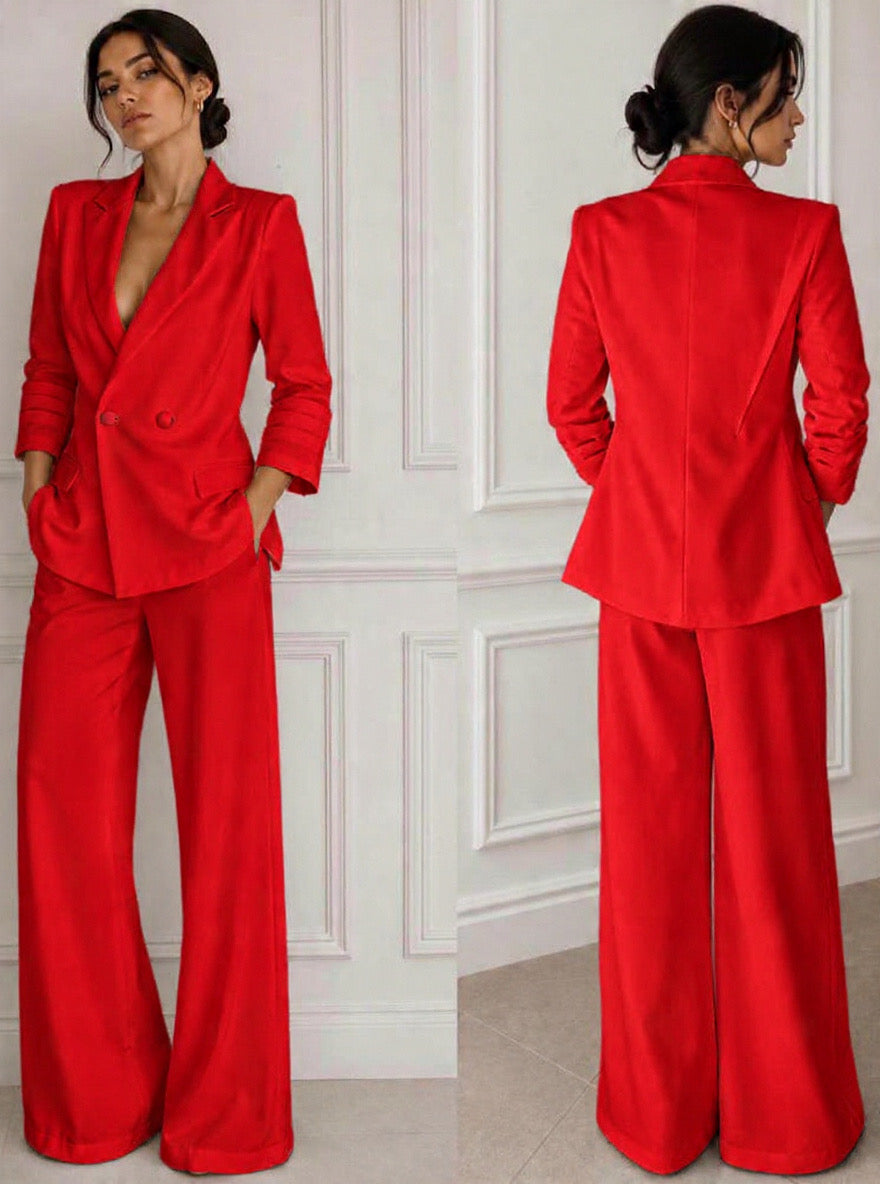 Stretch twill jacket and high waisted pants w pockets suit