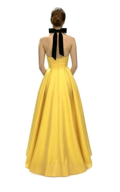 Elegant color block halter taffeta plunging neckline gown with pockets