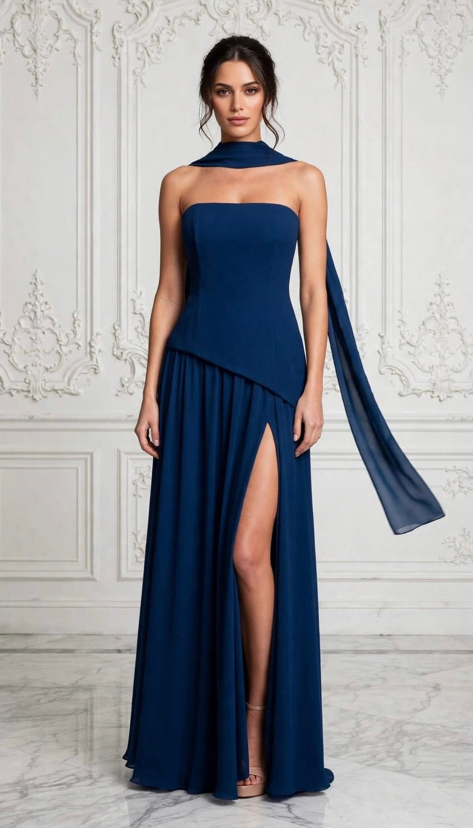 Modern maxi with sophisticated bodice that flows into a gracefully gathered skirt