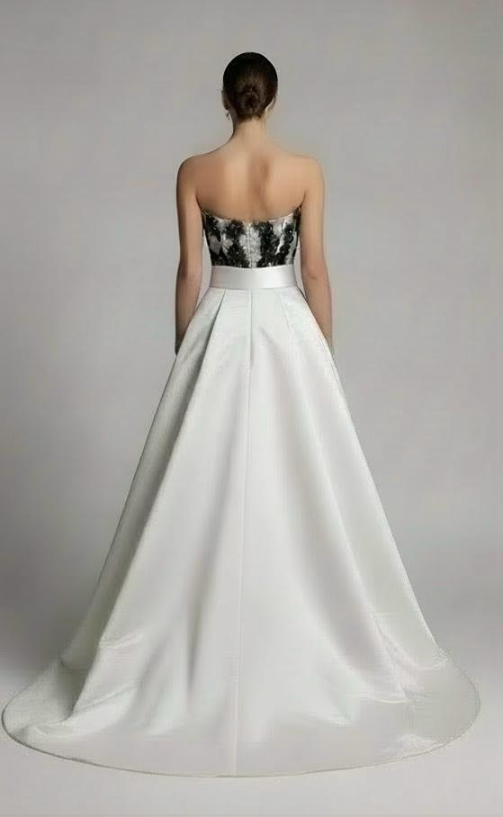 Strapless corset crochet floral lace and satin taffeta gown with detachable bow belt