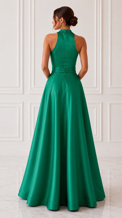 Sleeveless satin ball gown with detachable bow belt