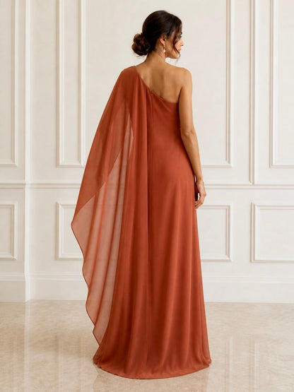 Stunning one-shoulder chiffon fringes evening maxi.