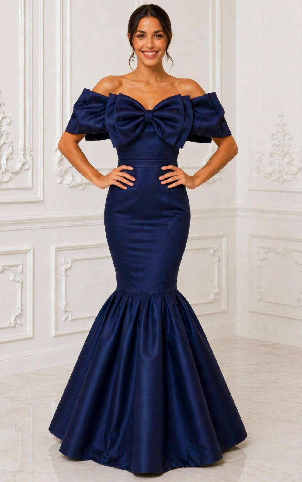 Exquisite taffeta off shoulder bow evening gown