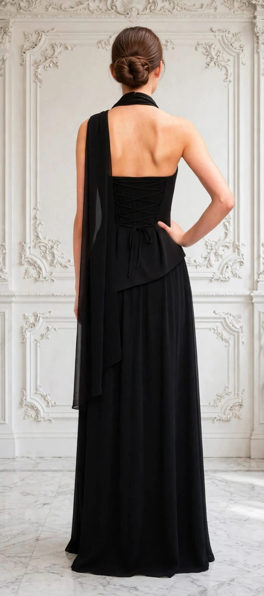 Modern maxi with sophisticated bodice that flows into a gracefully gathered skirt
