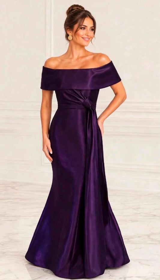 Off shoulder taffeta side gathered knot draped gown