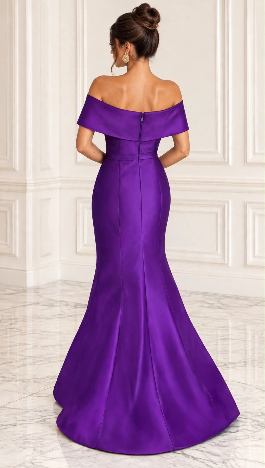Off shoulder taffeta side gathered knot draped gown