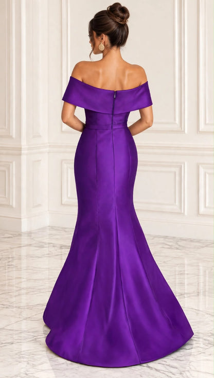 Off shoulder taffeta side gathered knot draped gown