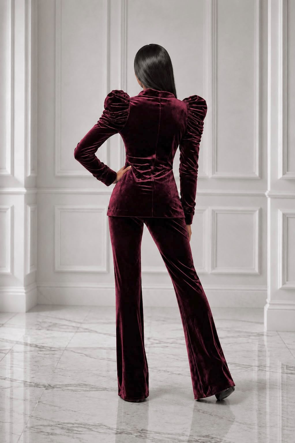Stunning stretch velvet puffy sleeves suit set