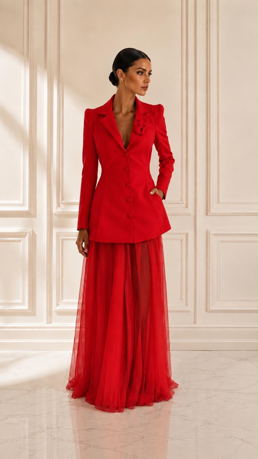 Flower detail blazer mini dress paired with tulle skirt