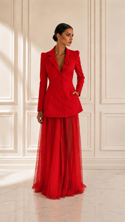 Flower detail blazer mini dress paired with tulle skirt