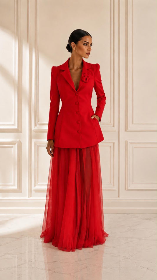 Flower detail blazer mini dress paired with tulle skirt