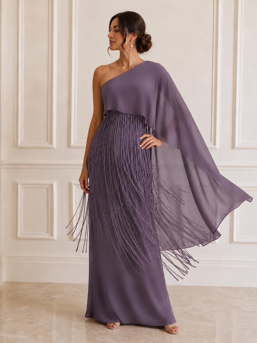 Stunning one-shoulder chiffon fringes evening maxi.
