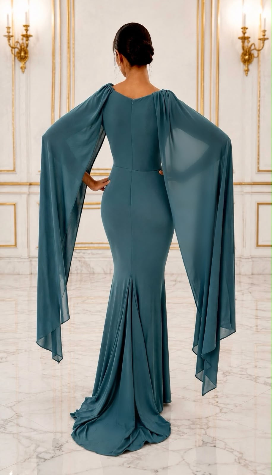 Sleek silhouette angel wing sleeves maxi dress
