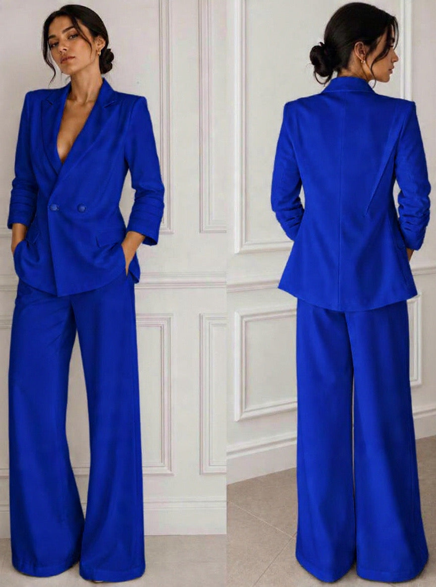 Stretch twill jacket and high waisted pants w pockets suit