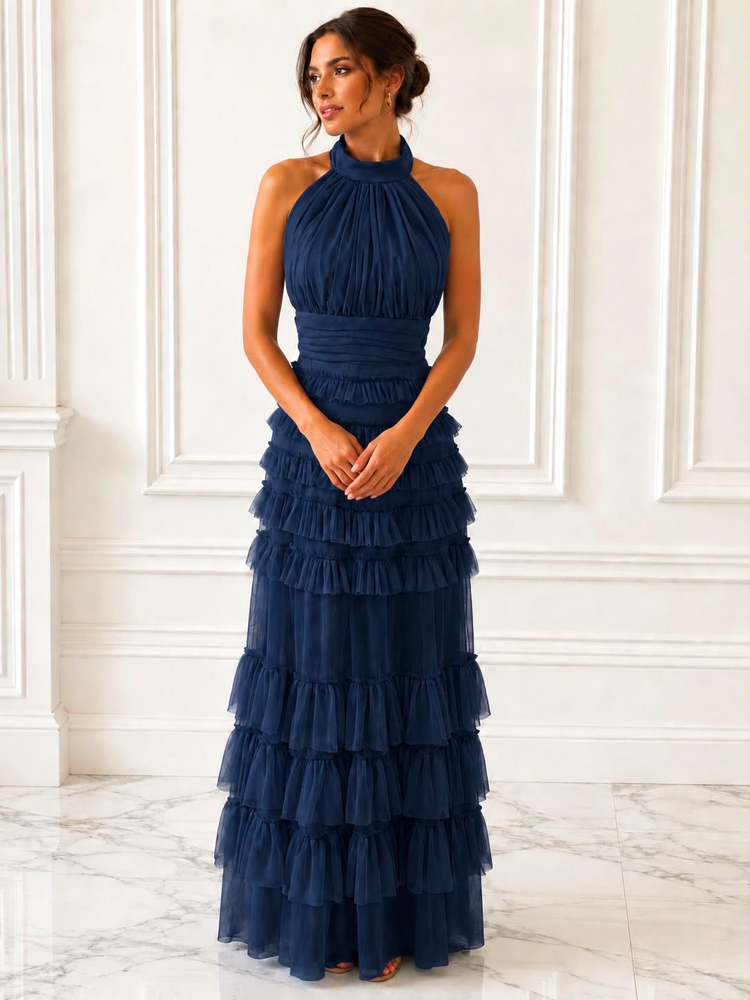 Captivating tiered tulle halter maxi dress