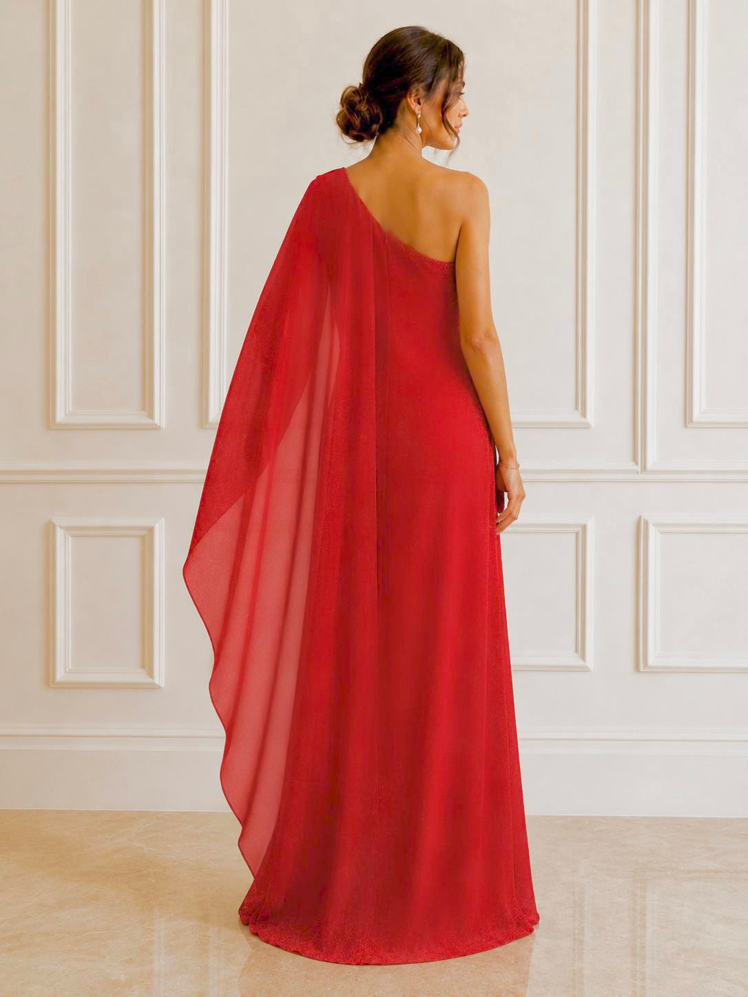 Stunning one-shoulder chiffon fringes evening maxi.