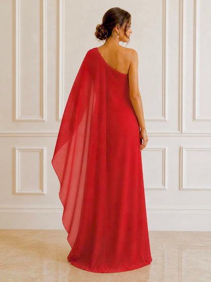 Stunning one-shoulder chiffon fringes evening maxi.