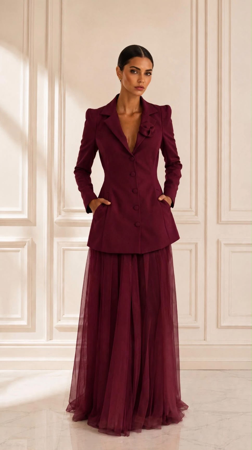 Flower detail blazer mini dress paired with tulle skirt