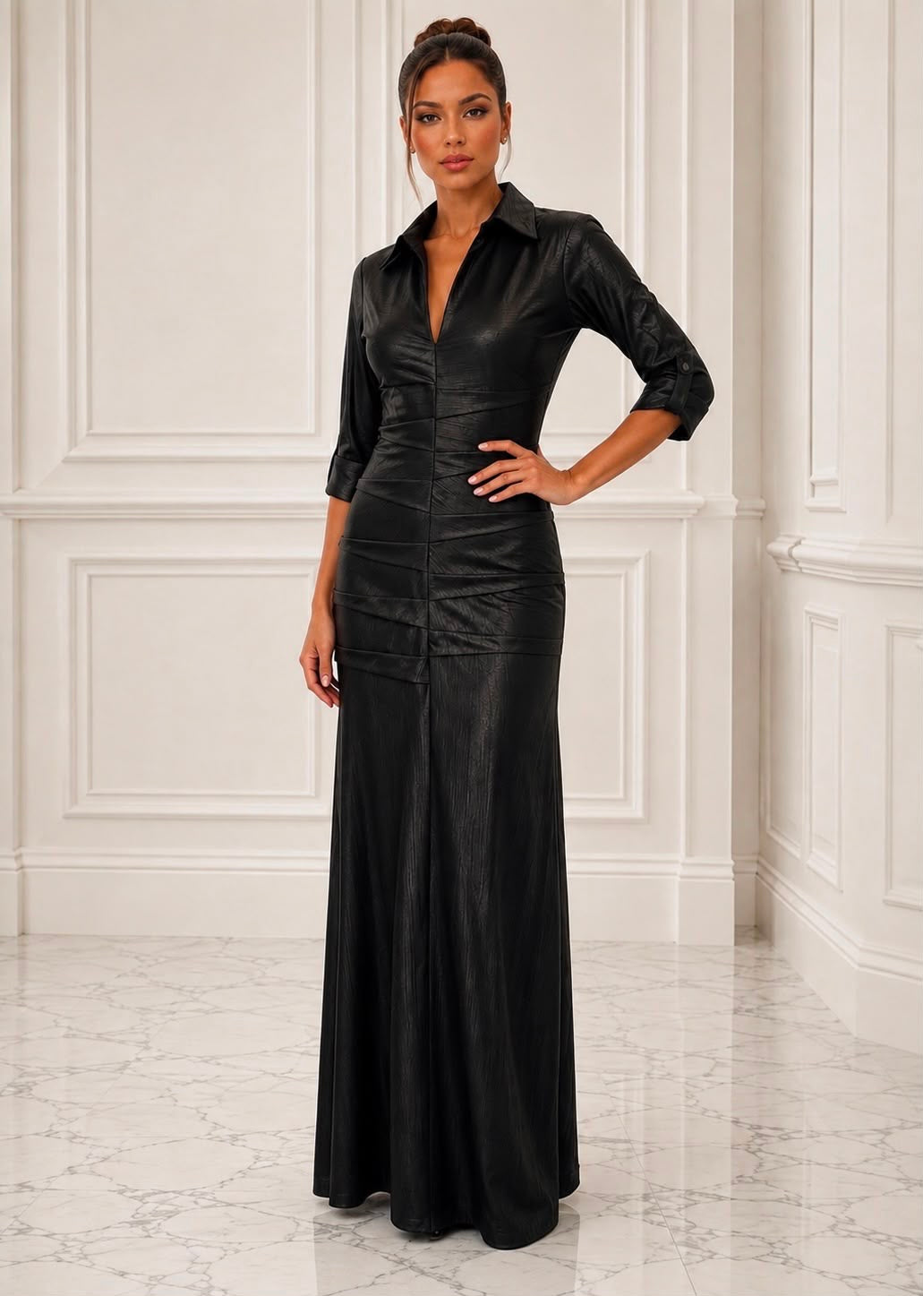 Chic metallic stretch lame 3/4 sleeves shirt dress