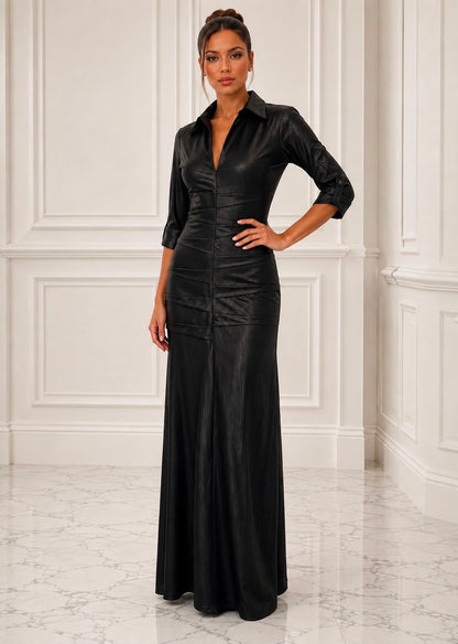 Chic metallic stretch lame 3/4 sleeves shirt dress