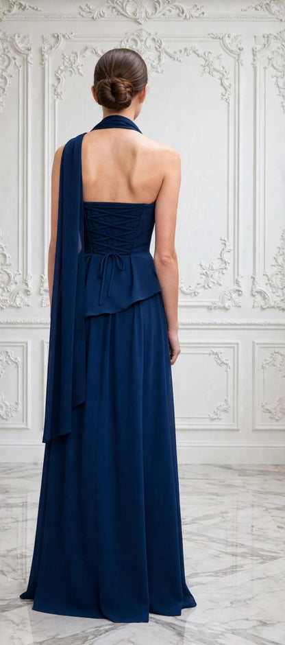 Modern maxi with sophisticated bodice that flows into a gracefully gathered skirt