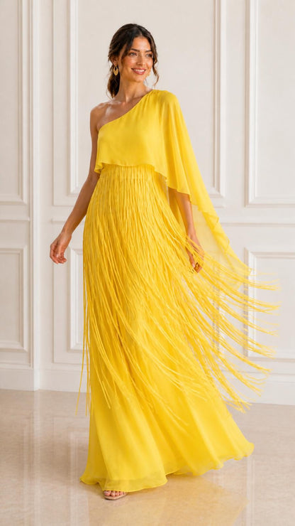 Stunning one-shoulder chiffon fringes evening maxi.