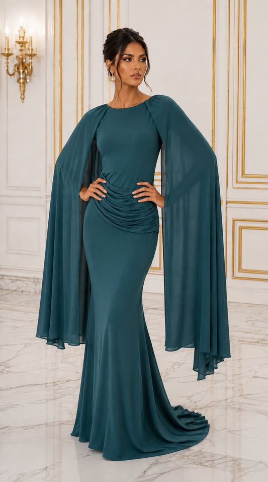 Sleek silhouette angel wing sleeves maxi dress