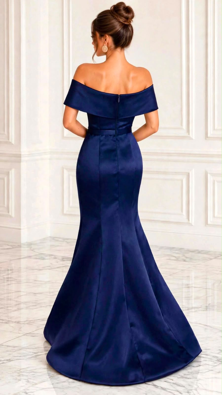 Off shoulder taffeta side gathered knot draped gown