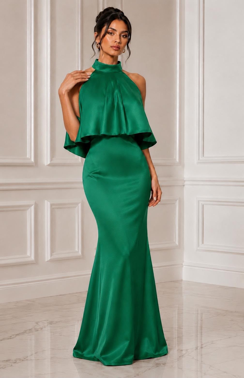 Halter neck open back ruffle detail satin maxi dress