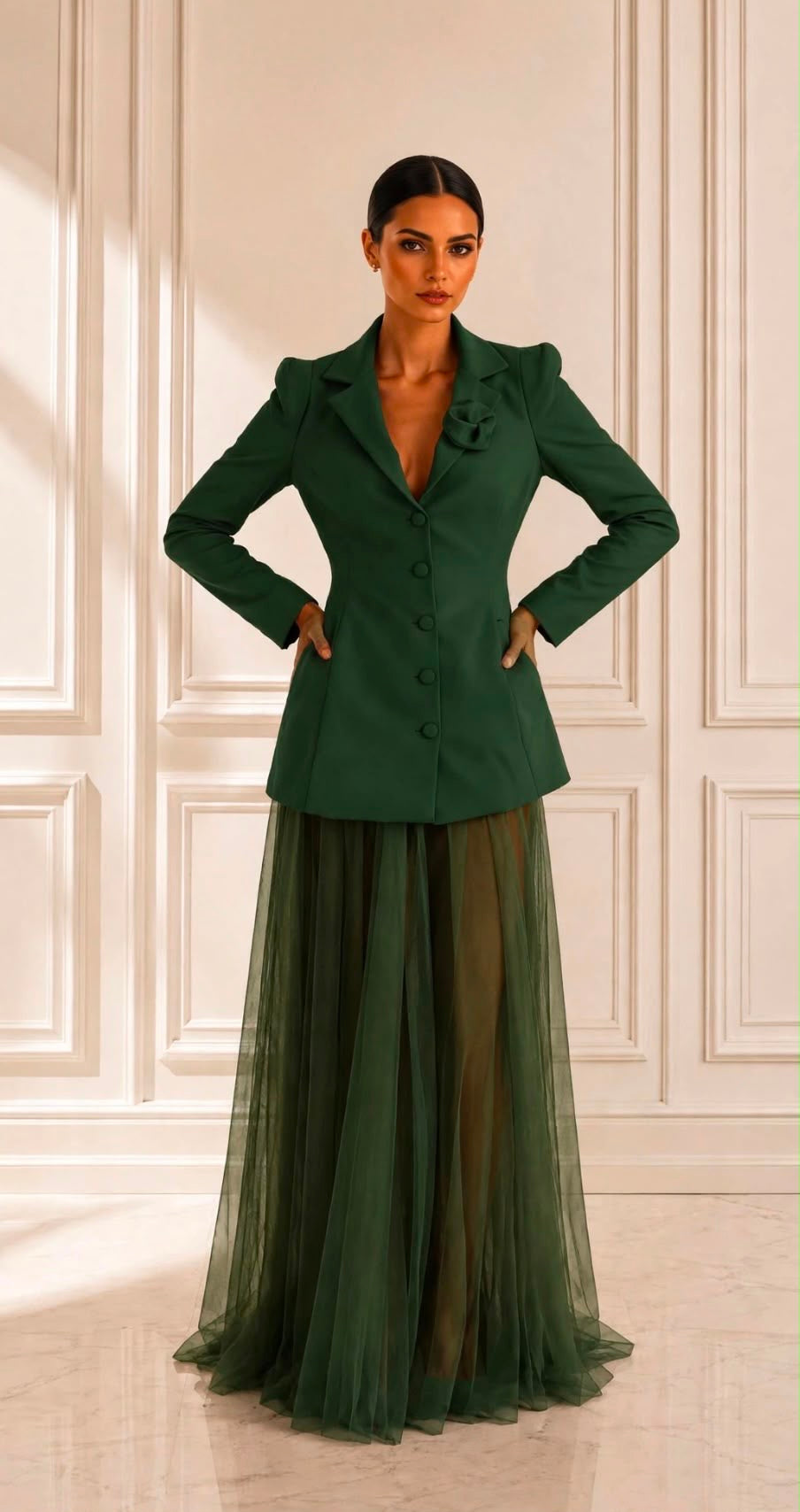 Flower detail blazer mini dress paired with tulle skirt
