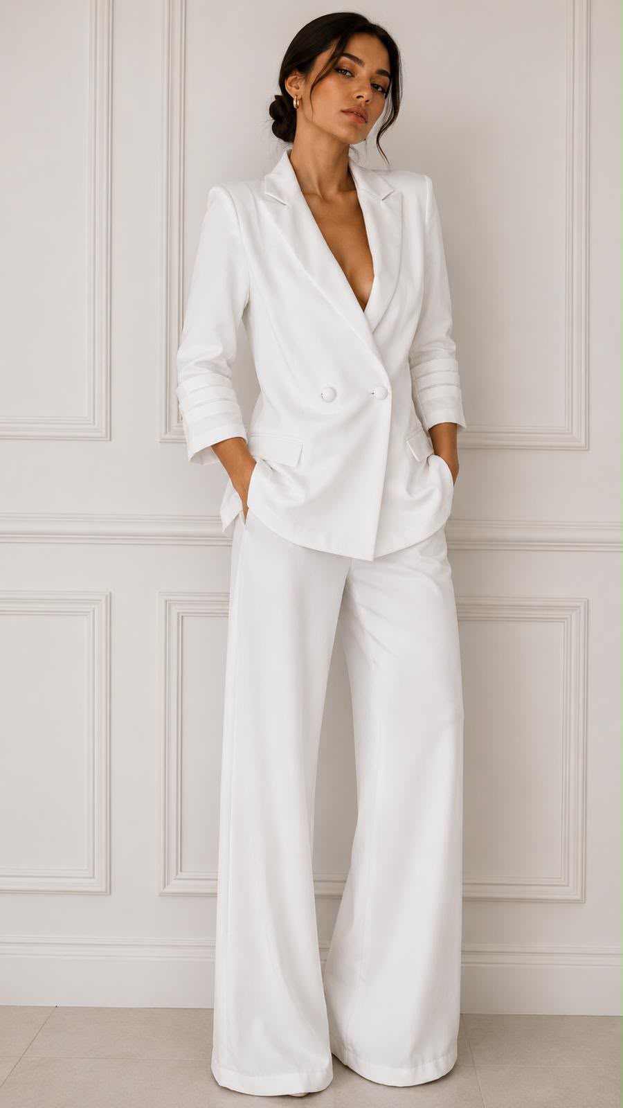 Double breasted 3/4 sleeves stretch twill suit