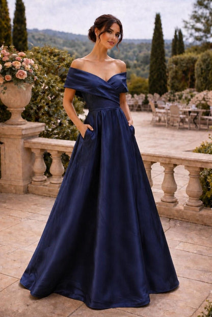 Off the shoulder taffeta ball gown