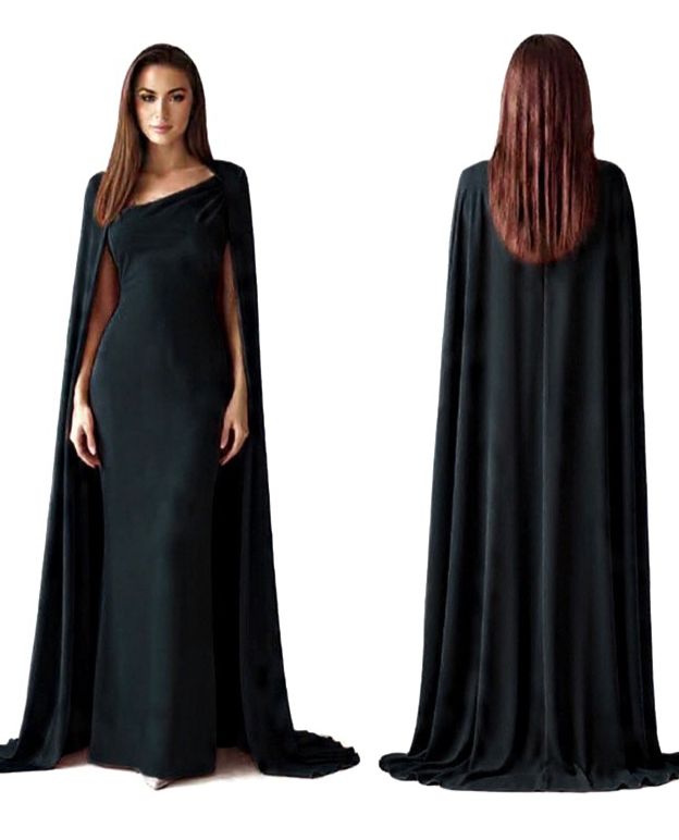 Asymmetrical satin matte gown and draping cape